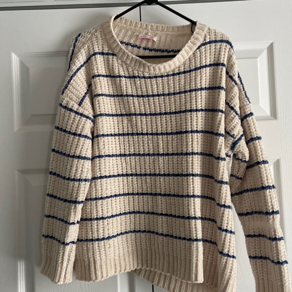 Pink Lily Sweater- Size Small- Cream with a Blue Stripe